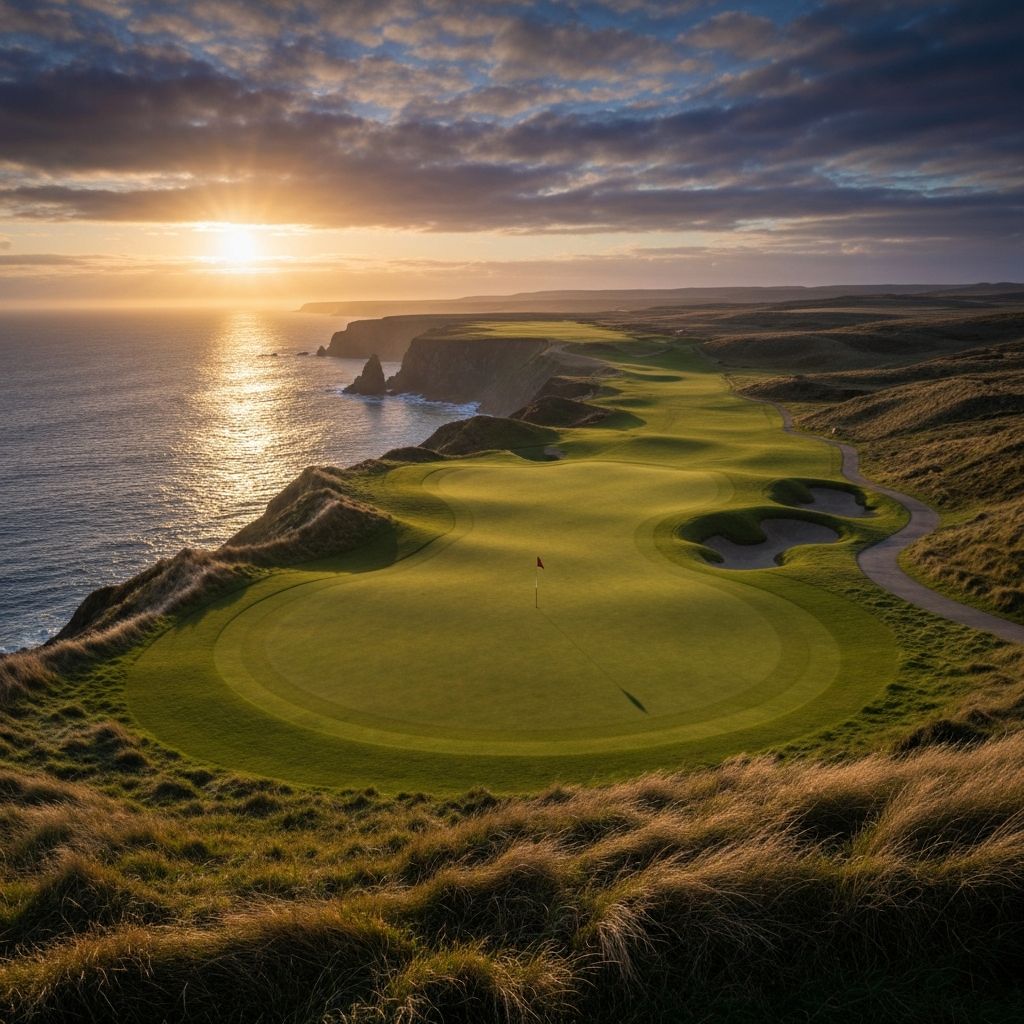 Epic golf hole at sunrise over the ocean